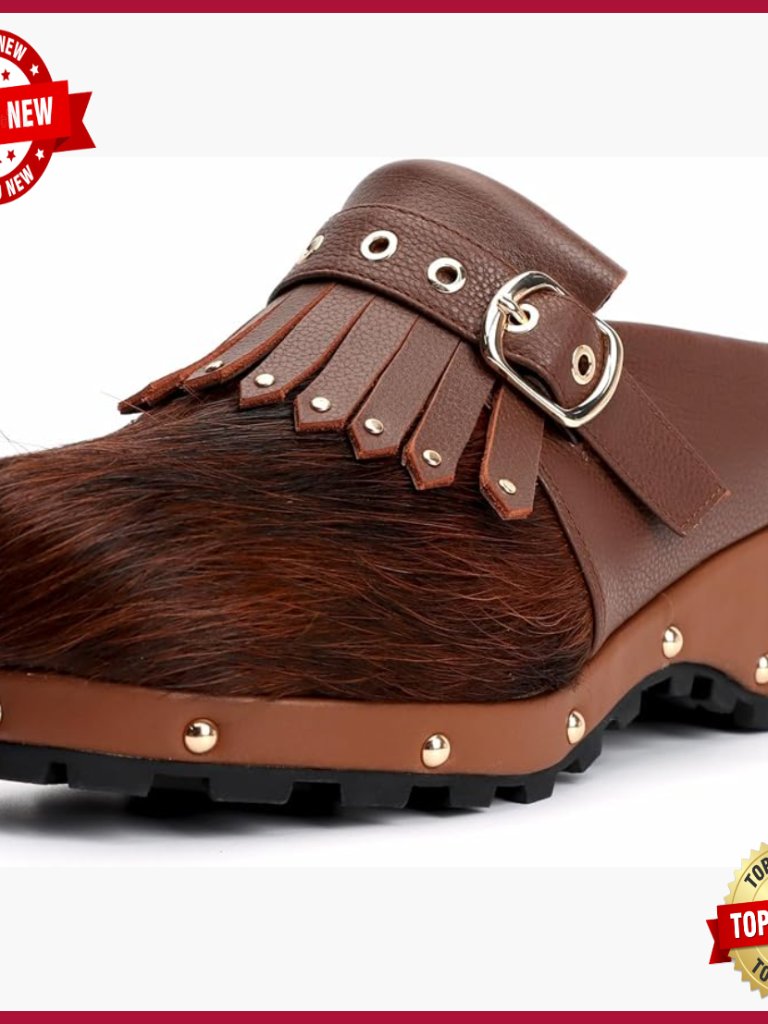Calf Hair & Leather Patchwork Mules With Rivets, Arch Support, Memory Foam